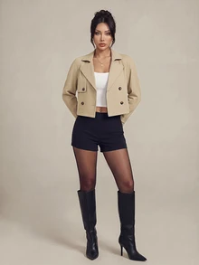 SHEIN PETITE 女款卡其色純色雙排扣短版夾克外套 秋季/教師節 辦公商務 經典優雅休閒 - 杏色 - 查看 2