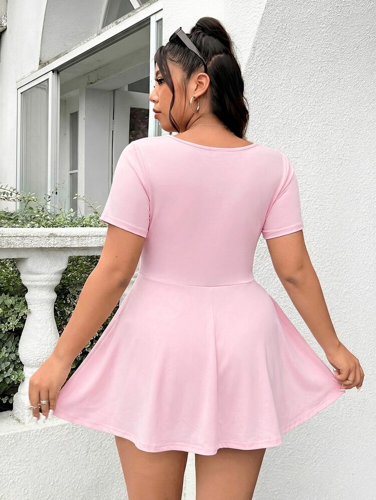 GalTyme Plus Size Women's Autumn Winter Summer Back To School Campus Outdoor Sports Indoor Yoga Fitness Casual Daily All-Match Versatile Light Pink Square Neck Short Sleeve A-Line Ruffle Hem High Elastic Functional Comfortable Fabric Solid Color Pocketed Anti-Exposure Romper Dress - Baby Pink - View 2