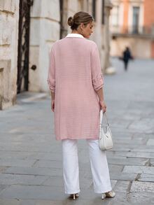 Chikora Plus Size Elegant Commuter Roll-Up Sleeve Shirt Fall - Baby Pink - View 2