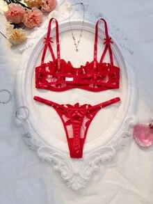 SHEIN Conjunto de lencería de media copa con estampado de hoja de arce quemado, conjunto sexy de 2 piezas transparente - Rojo - Ver 2