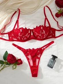 SHEIN Conjunto de lencería de media copa con estampado de hoja de arce quemado, conjunto sexy de 2 piezas transparente - Rojo - Ver 5