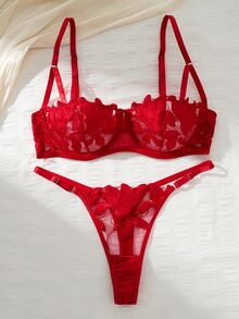 SHEIN Conjunto de lencería de media copa con estampado de hoja de arce quemado, conjunto sexy de 2 piezas transparente - Rojo - Ver 3