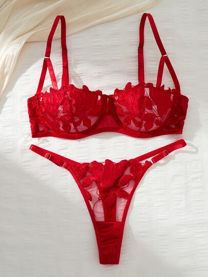 SHEIN Maple Leaf Burn-Out Half Cup Lingerie Set, Sexy Sheer 2-Piece Set