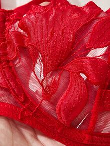 SHEIN Conjunto de lencería de media copa con estampado de hoja de arce quemado, conjunto sexy de 2 piezas transparente - Rojo - Ver 7