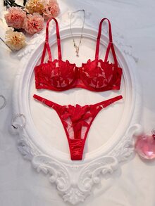 SHEIN Conjunto de lencería de media copa con estampado de hoja de arce quemado, conjunto sexy de 2 piezas transparente - Rojo - Ver 1