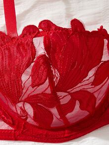 SHEIN Conjunto de lencería de media copa con estampado de hoja de arce quemado, conjunto sexy de 2 piezas transparente - Rojo - Ver 8