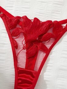 SHEIN Conjunto de lencería de media copa con estampado de hoja de arce quemado, conjunto sexy de 2 piezas transparente - Rojo - Ver 6