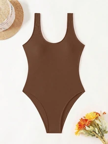 Swim Chiccia 1 件女士纯色连体泳衣，适合海滩/度假 - 咖啡棕 - 查看 2
