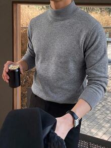 Manfinity Homme Men's Solid Color Mock Neck Knit Sweater Fall/Winter,Casual,Hiking Autumn/Winter Tops For Valentine's Day - Grey - View 7