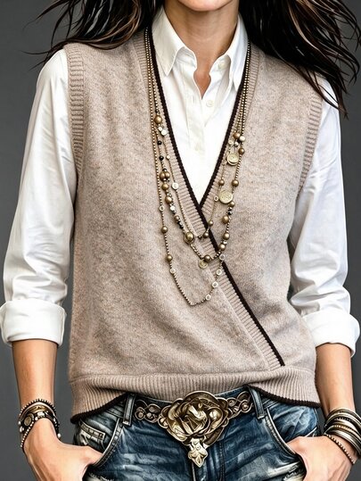 SHEIN French Style Contrast Trim V-Neck Knit Vest, Commuter Cross-Wrap Minimalist Sleeveless Loose Layering Tank Top