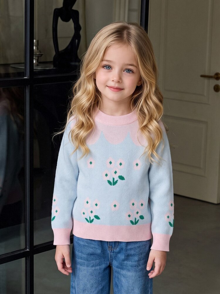 Baby Girls Sweaters Autumn/Winter Thick Chunky Knit Round Neck Holiday Atmosphere Cute Elegant Floral Pattern Jacquard Pullover Versatile Long Sleeve Sweater, Fine Knit Comfortable, Suitable For Girls Outings, Travel, Party, Holiday Atmosphere, Home Wear - Baby Blue - View 7