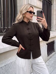 Easowa Curve Blus Plus Polos dengan Kancing Depan Bentuk Katak - Coffee Brown - View 5