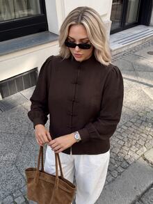 Easowa Curve Blus Plus Polos dengan Kancing Depan Bentuk Katak - Coffee Brown - View 7