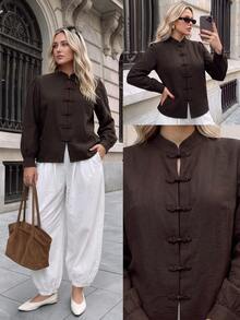Easowa Curve Blus Plus Polos dengan Kancing Depan Bentuk Katak - Coffee Brown - View 8