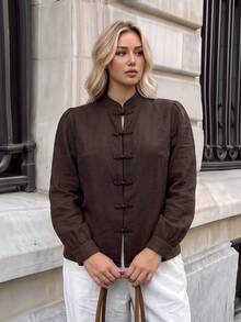 Easowa Curve Blus Plus Polos dengan Kancing Depan Bentuk Katak - Coffee Brown - View 4