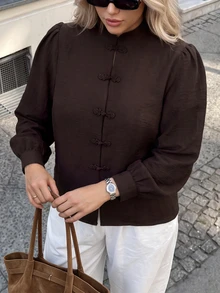 Easowa Curve Blus Plus Polos dengan Kancing Depan Bentuk Katak - Coffee Brown - View 1