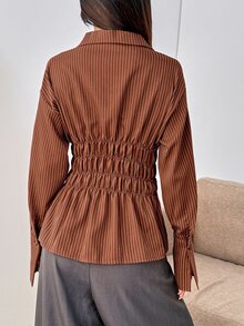 Ritzy Row 女士棕色条纹腰部纽扣衬衫，冬季圣诞节新年感恩节衬衫，沙滩时尚优雅上衣 - 棕色 - 查看 10