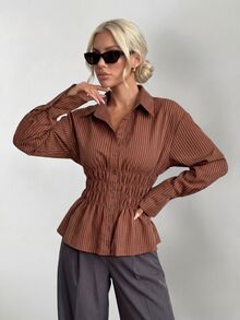 Ritzy Row 女士棕色条纹腰部纽扣衬衫，冬季圣诞节新年感恩节衬衫，沙滩时尚优雅上衣 - 棕色 - 查看 8