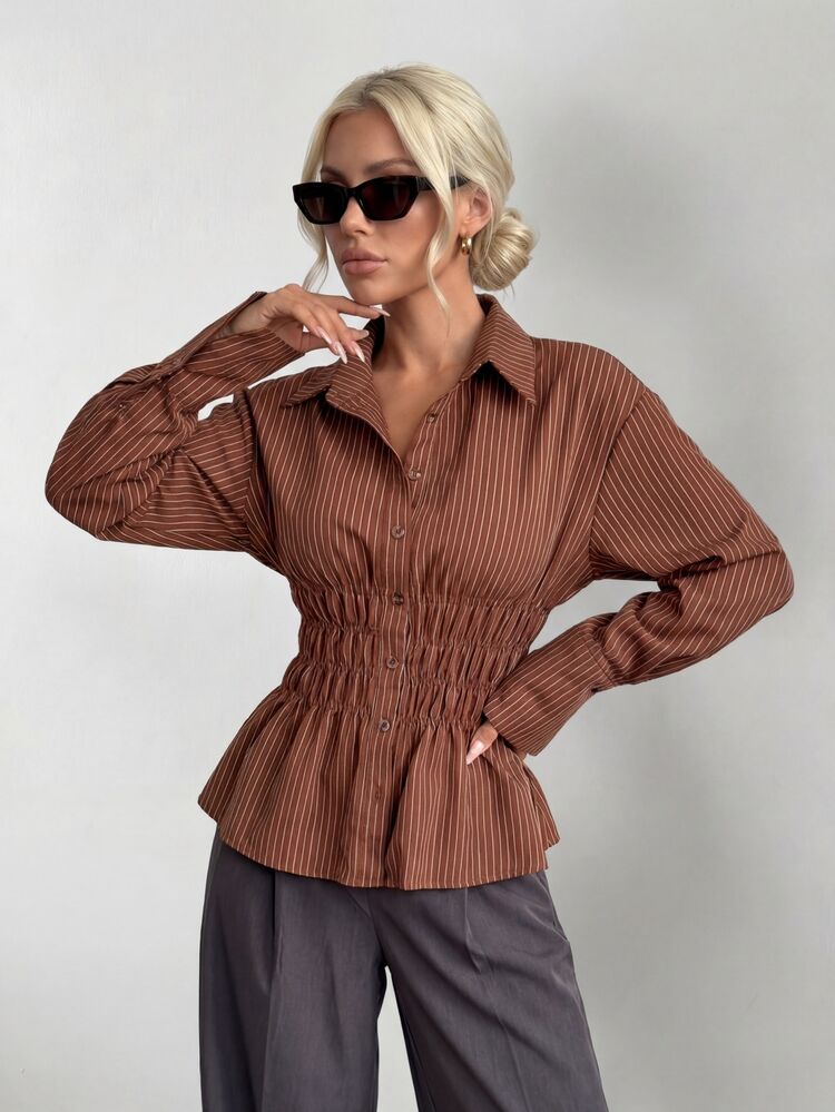 Ritzy Row 女士棕色条纹腰部纽扣衬衫，冬季圣诞节新年感恩节衬衫，沙滩时尚优雅上衣 - 棕色 - 查看 8
