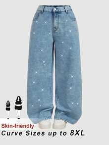 SHEIN CURVE+ Plus Size Women Casual Baggy Smart Loose Wide Leg Jeans Y2k Rhinestone Denim Formal Going Out Beach Light Blue Summer - Light Wash - View 1