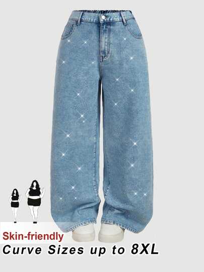 SHEIN CURVE+ Plus Size Women Casual Everyday Commute Versatile Loose Wide Leg Jeans Y2k Rhinestone Denim Baggy Jean