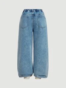 SHEIN CURVE+ Plus Size Women Casual Baggy Smart Loose Wide Leg Jeans Y2k Rhinestone Denim Formal Going Out Beach Light Blue Summer - Light Wash - View 2