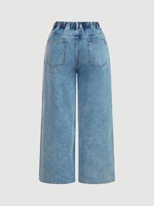 SHEIN CURVE+ Plus Size Women Casual Baggy Smart Loose Wide Leg Jeans Y2k Rhinestone Denim Formal Going Out Beach Light Blue Summer - Light Wash - View 3
