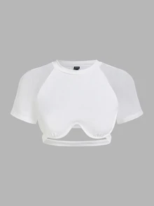 SHEIN ICON 女士纯色网眼拼接肩垫钢圈短款上衣 - 白色 - 查看 3