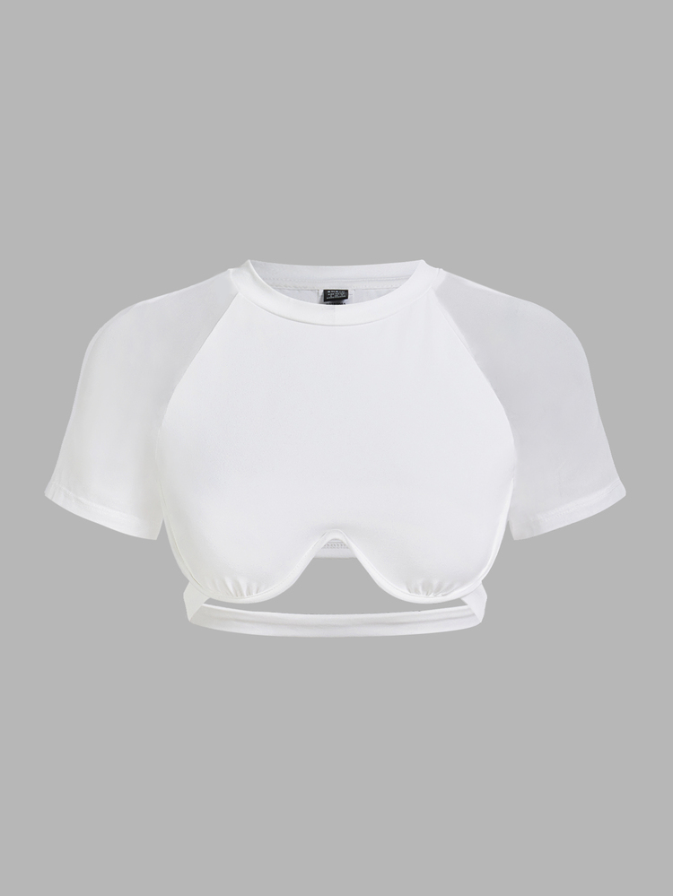 SHEIN ICON Women's Solid Color Mesh Splicing Shoulder Padded Wire-Rim Cropped Top - White - View 3