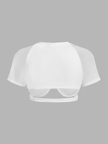 SHEIN ICON 女士纯色网眼拼接肩垫钢圈短款上衣 - 白色 - 查看 2