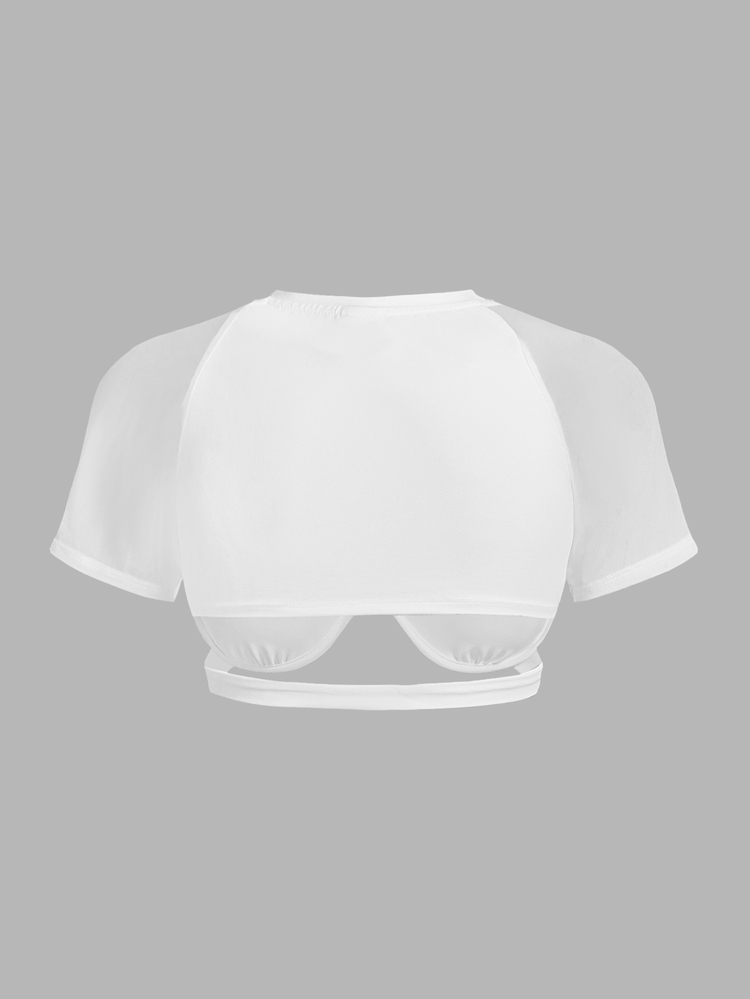 SHEIN ICON Women's Solid Color Mesh Splicing Shoulder Padded Wire-Rim Cropped Top - White - View 2