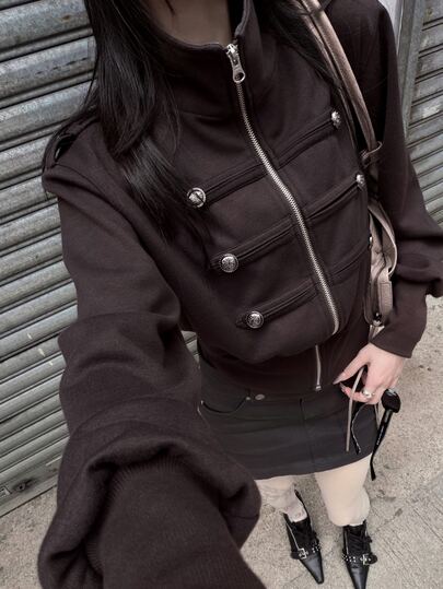Siren Gaze Autumn/Winter New Napoleon Style Stand Collar Waist-Cinching Sweatshirt For Women Day Time Going Out Dark Brown Vintage 70s