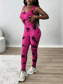 BamGleam 女款印花緊身運動連身褲 瑜伽健身運動風 性感健身房穿搭 洋紅色 夏季 - 玫紅色 - 查看 3