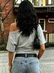Rovax Women's Korean Street Style Asymmetrical Neck Short Sleeve Pleated Top For Dating - Grey - View 2