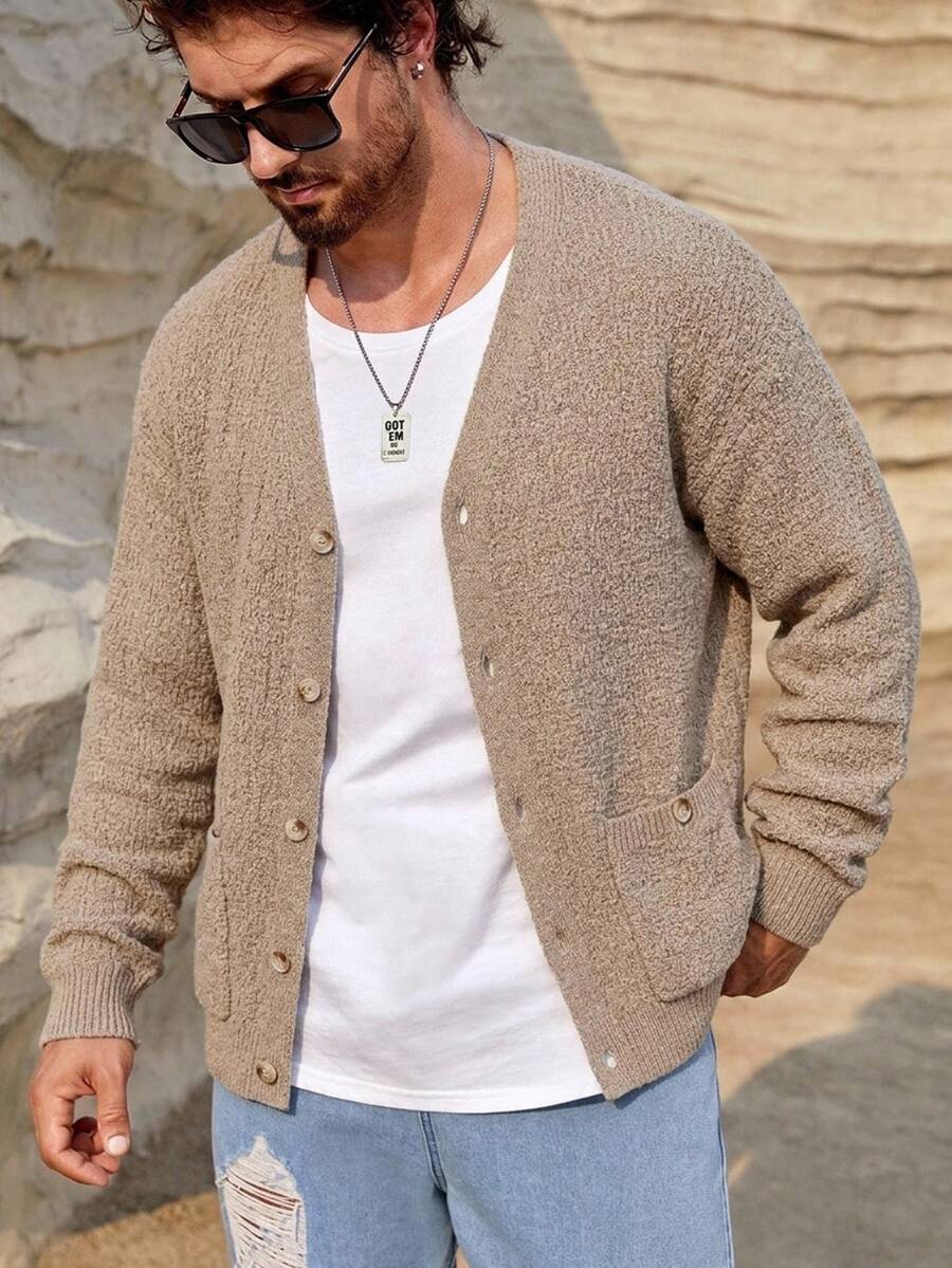 HIMLAND Men's Autumn/Winter Textured Single-Breasted Double Pocket Versatile Premium Sweater Jacket - Khaki - View 1
