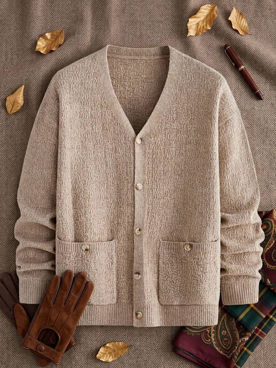 HIMLAND Men's Autumn/Winter Textured Single-Breasted Double Pocket Versatile Premium Sweater Jacket - Khaki - View 1