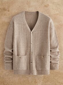 HIMLAND Men's Autumn/Winter Textured Single-Breasted Double Pocket Versatile Premium Sweater Jacket - Khaki - View 8
