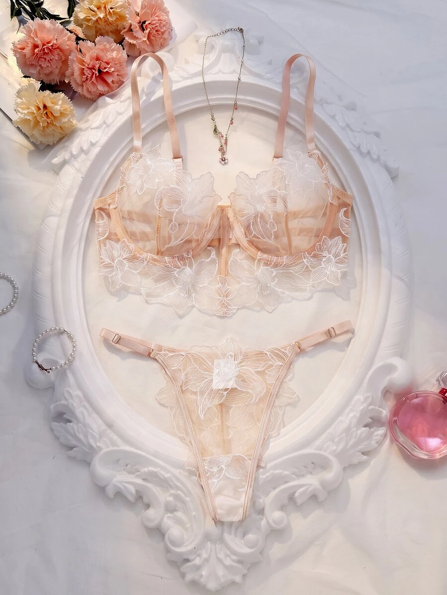SHEIN 2pcs Women's Nude Sexy Lingerie Set - Beige - View 1