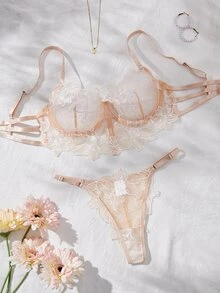 SHEIN 2pcs Women's Nude Sexy Lingerie Set - Beige - View 3