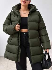 SHEIN Cottnline Plus Size Zip Up Drawstring Hooded Padded Women Padded Coat - Army Green - View 3
