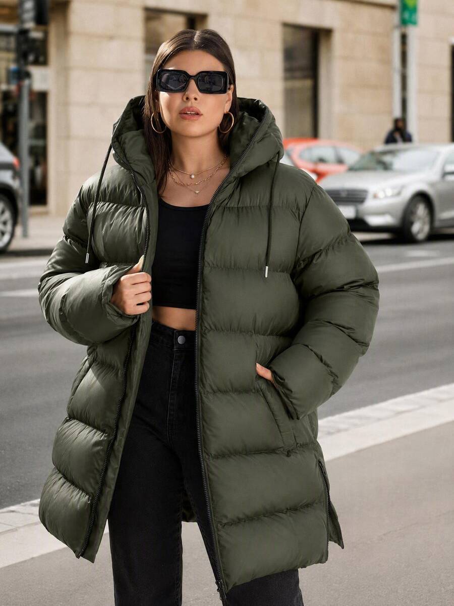 SHEIN Cottnline Plus Size Zip Up Drawstring Hooded Padded Women Padded Coat