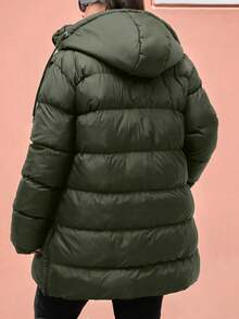 SHEIN Cottnline Plus Size Zip Up Drawstring Hooded Padded Women Padded Coat - Army Green - View 5
