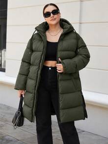 SHEIN Cottnline Plus Size Zip Up Drawstring Hooded Padded Women Padded Coat - Army Green - View 4