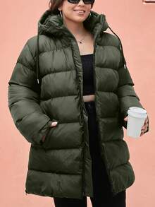 SHEIN Cottnline Plus Size Zip Up Drawstring Hooded Padded Women Padded Coat - Army Green - View 7