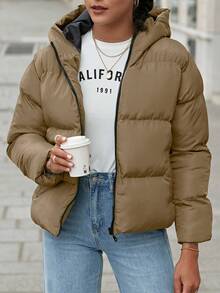 SHEIN Cottnline Zip Up Hooded Padded Coat - Camel - View 5