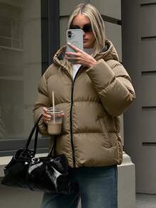 SHEIN Cottnline Zip Up Hooded Padded Coat - Camel - View 4