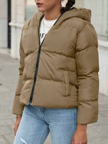 SHEIN Cottnline Zip Up Hooded Padded Coat - Camel - View 6