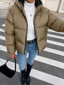 SHEIN Cottnline Zip Up Hooded Padded Coat - Camel - View 3