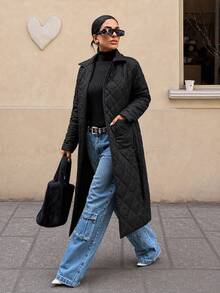 EURMUSE Women's Belted Quilted Jacket - Black - View 11