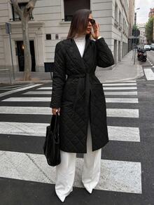 EURMUSE Women's Belted Quilted Jacket - Black - View 6